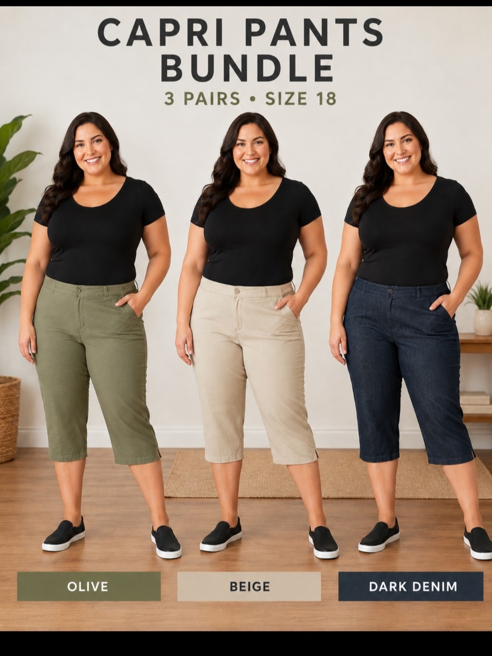 Westbound Women's Capri Pants Trio in Olive, Beige & Dark Denim